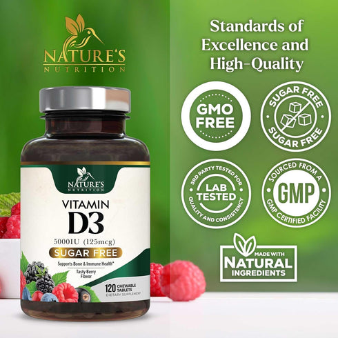 Vitamin D3 5000 IU Chewable for Bone, Teeth, Muscle & Immune Support, 120 Chewable Tablets
