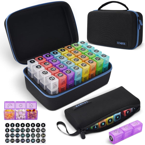 LEMBOL Monthly Pill Organizer 3X a Day with Portable 7-Day Travel Medicine Organizing
