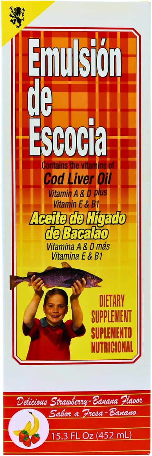 EMULSION DE ESCOCIA Cod Liver Oil Dietary Supplement | Vitamins A, B1, D and E, Strawberry/Banana Flavor