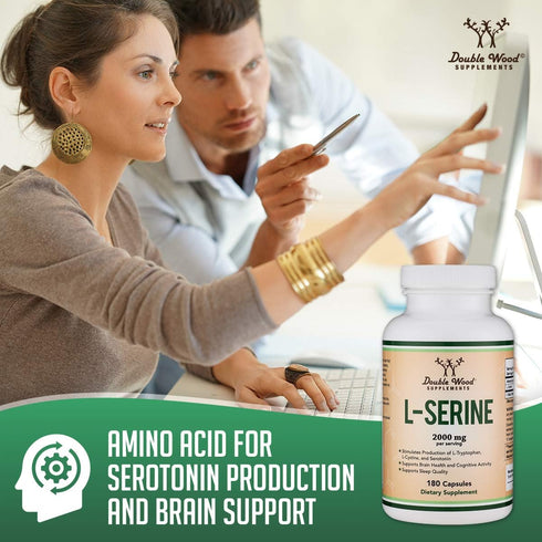 L-Serine Capsules, 2000mg Servings, 180 Count - Amino Acid for Serotonin Production & Brain Support, Third Party Tested