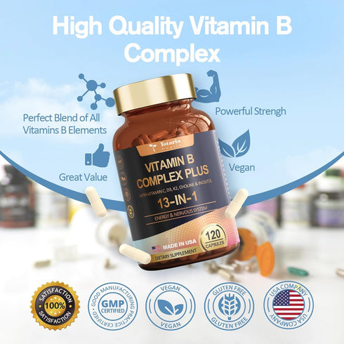 13-in-1 Vitamin B Complex Plus with B1, B2, B3, B4, B5, B6, B7, B8, B9, B12, C, D3, K2 - Energy, Nerve, Immune, Skin