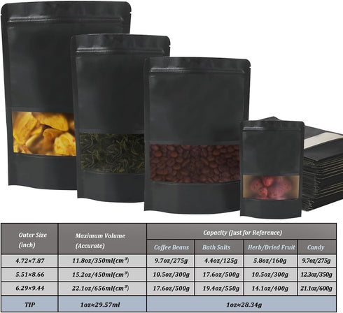 100 PCS Resealable Bags - Stand Up Kraft Paper Bags with Matte Window, Zipper Lock Food Storage Bags for Small Business