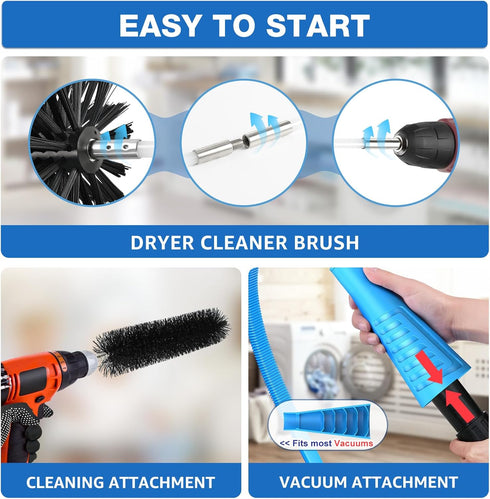 Dryer Vent Cleaner Kit, 17-Piece All-Round Cleaning Kit with 60 Feet Brush, Vacuum Cleaner Hose Attachment, Lint Trap