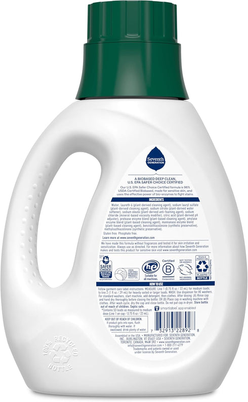Seventh Generation Concentrated Laundry Detergent, Free & Clear, Fragrance Free, 40 oz