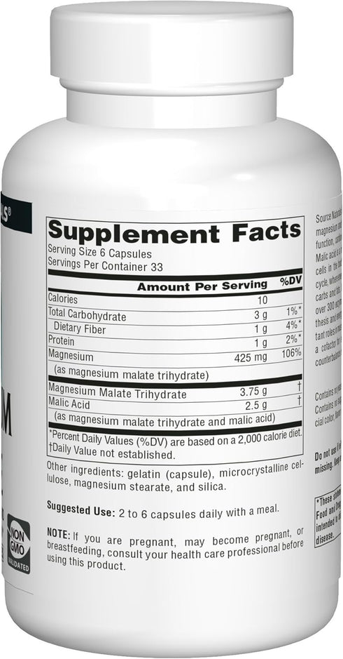 Source Naturals Magnesium Malate 625mg Supplement Essential, Bio-Available Magnesium Malic Acid Supplement - 200 Capsules (Packing may vary)