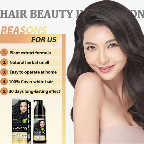 Instant Black Hair Dye Shampoo, 3 in 1 Natural Black Hair Shampoo with Herbs, Cover Greys for Men & Women, 400ml