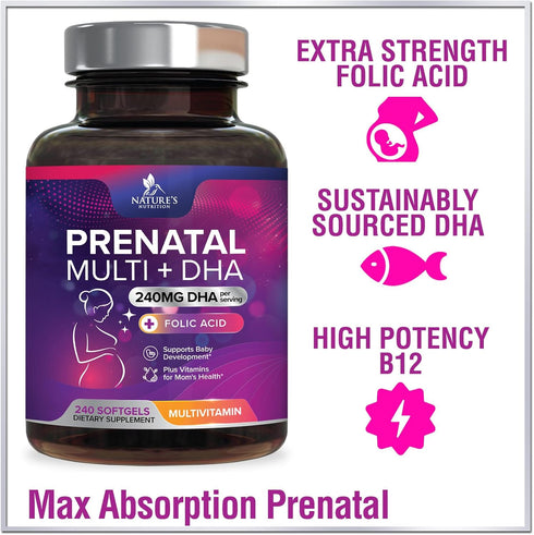 Women's Prenatal Multivitamin with Folic Acid + DHA, 240 Softgels for Fetal Support, Non-GMO