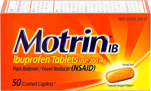 Motrin IB, Ibuprofen 200mg Tablets for Fever, Muscle Aches, Headache & Back Pain Relief, 50 ct