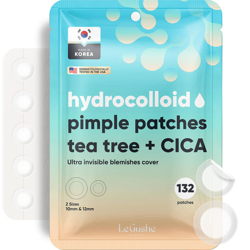 LE GUSHE Korean Pimple Patches for Face, 132 Dots, Hydrocolloid Acne Patches with Tea Tree Oil