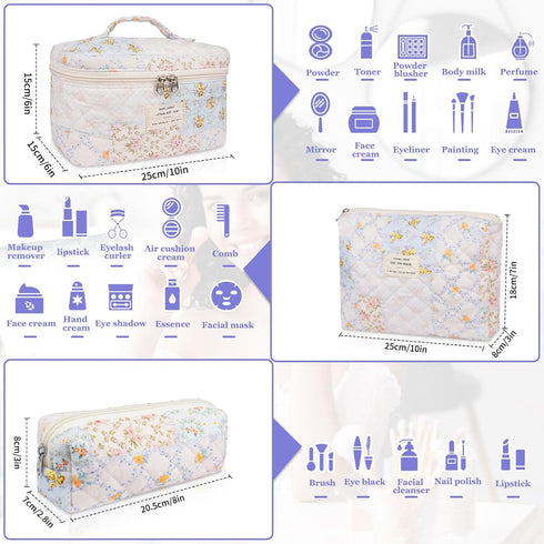 Makeup Bag Set, Quilted Makeup Bag, Large Floral Cosmetic Bag for Women, Cute Cotton Makeup Bag, Flower Travel Toiletry Organizer Bag (Folk Style)