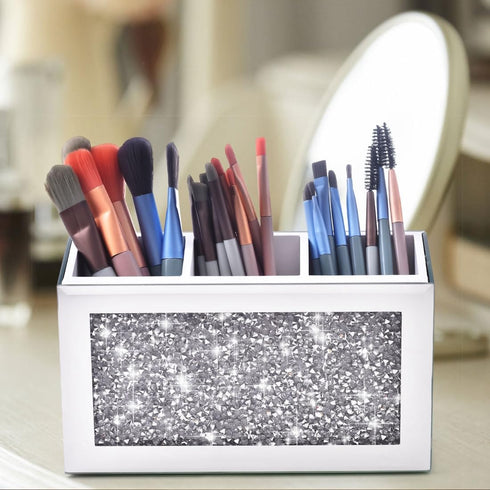 Mirrored Makeup Brush Holder Organizer, 3 Compartments Cosmetic Brush Storage Holders, Crushed Diamond Pen and Pencil