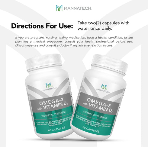 Mannatech Omega-3 with Vitamin D3 - Pure Fish Oil for Bone, Heart Health and Cognitive Support