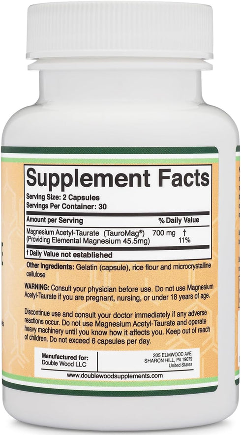 Magnesium Acetyl-Taurate (ATA MG, TauroMag) for PMS and Cramp Relief, 60 Capsules, 350mg Supplement