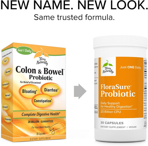 Terry Naturally FloraSure Probiotic, 30 Capsules, Daily Support for Healthy Digestion, Non-GMO, Vegan, Kosher