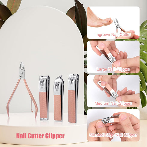 Manicure Set, 12 in 1 Stainless Steel Nail Care Kit, Professional Ingrown Toenail Clipper Grooming Tool (Rose Gold)