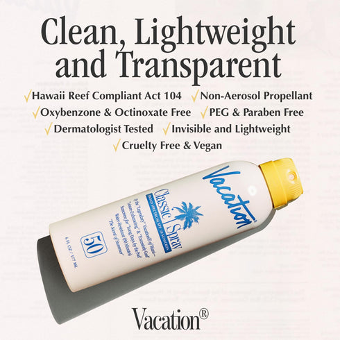 Vacation Classic Spray Sunscreen SPF 50 + Air Freshener Bundle, Vegan Sunblock Spray, 6 fl. Oz.