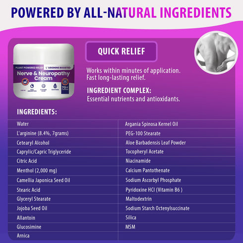 Nerve and Neuropathy Cream: Plant Powered Relief for Foot, Hands, Legs, Toes with L’Arginine, Vitamin B6, Aloe, 2.82oz