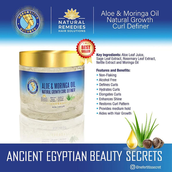 Nefertiti's Secrets Natural Growth Curl Definer, Aloe Vera and Moringa Oil for Hair Growth & Moisture, 16 Oz