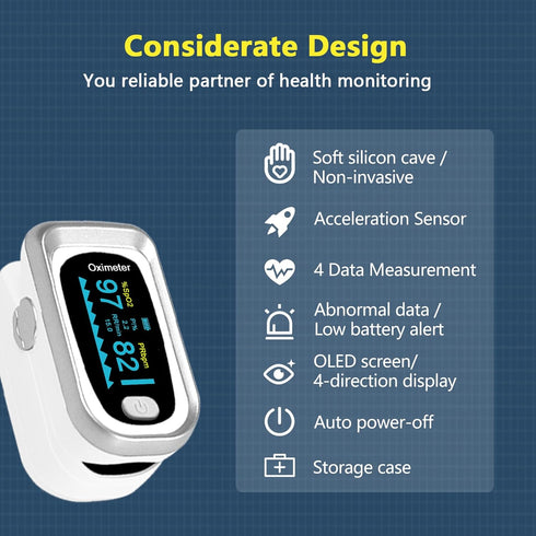 Fingertip Pulse Oximeter, Blood Oxygen Saturation Monitor with Rotatable OLED Screen and Storage Case (Silver)