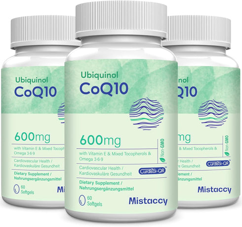 CoQ10 600mg Softgels - High Absorption Ubiquinol Supplement, Enhanced with Vitamin E & Omega 3 6 9 - 180 Soft