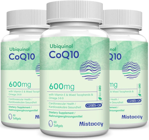 CoQ10 600mg Softgels - High Absorption Ubiquinol Supplement, Enhanced with Vitamin E & Omega 3 6 9 - 180 Soft