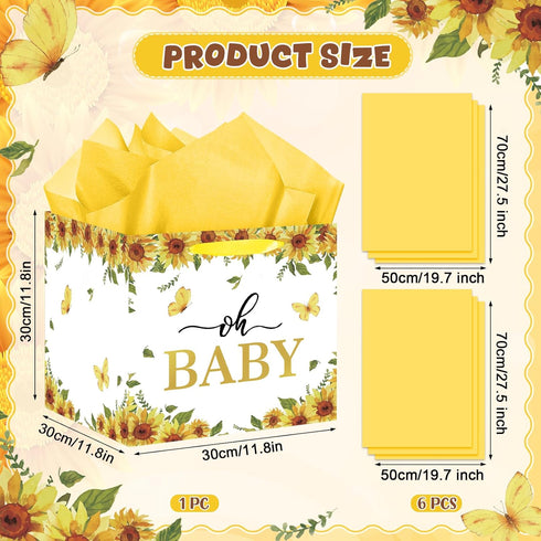 Woosytoo 12" Extra Large Sunflower Baby Gift Bags, Yellow Sunflower Square Gift Bag with Wrapping Paper Jumbo Gifts Bag