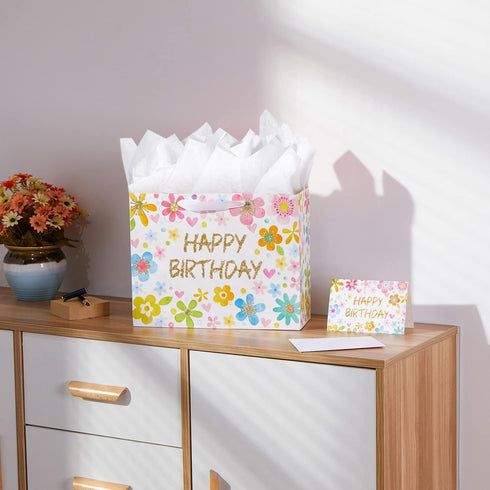 SUNCOLOR 13" Large Birthday Gift Bags with Tissue Paper and Card, Flowers Design
