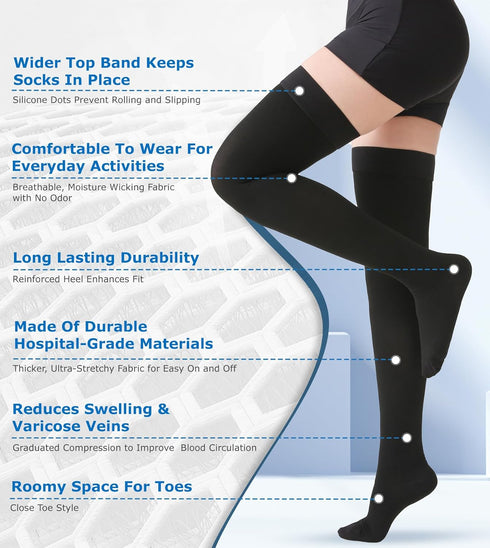 MGANG Medical Compression Stockings 20-30 mmHg for Women & Men, Thigh High Graduated Support Socks, Black, Pair