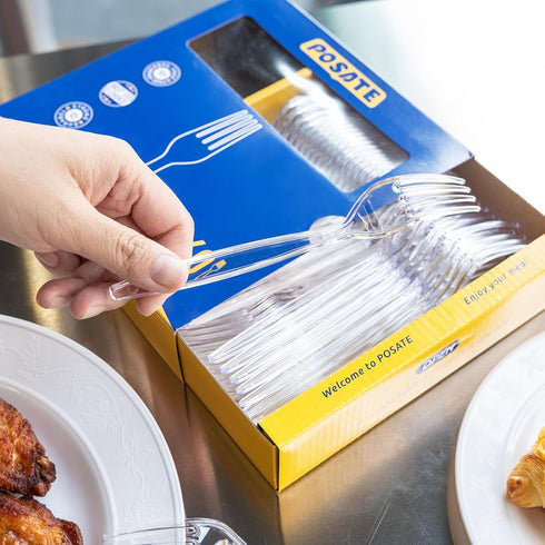 POSATE Heavy Duty Clear Plastic Forks, Disposable Pack of 60