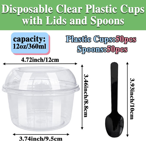 50 Pack 12oz Disposable Clear Plastic Cups,PET Dessert Cups with Lids and Spoons,Disposable Snack Bowls for Cupcake,Pudding,Snacks,Yogurt,ParfaitFruits,Mousse