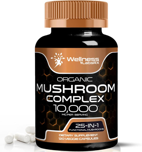 Organic Mushroom Supplement Capsules - 10000mg 25 in 1 Mushroom Complex - 120 Count Lion's Mane, Turkey Tail, Reishi