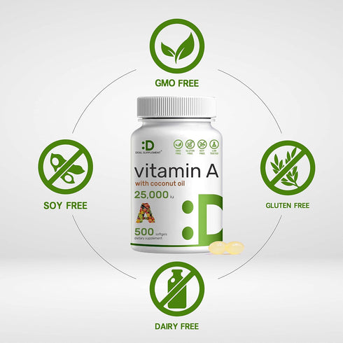 DEAL SUPPLEMENT High Potency Vitamin A 25000 IU, 500 Coconut Oil Softgels, Natural Fish Liver Oil Source