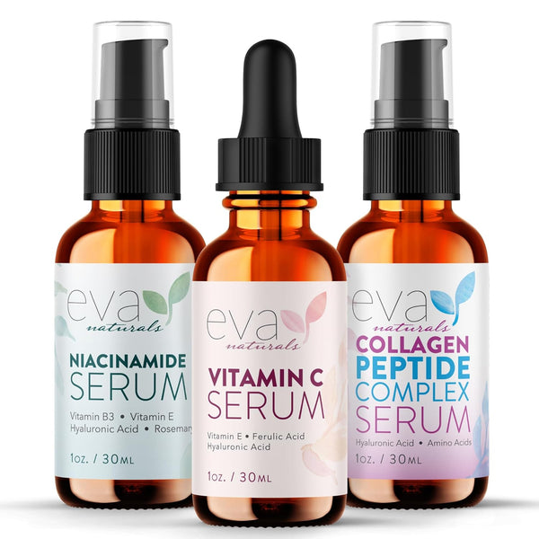 Natural Firm & Glow Skincare Set of 3 Serums – 20% Vitamin C, Peptide Complex, Niacinamide Vitamin B3 Serum by Eva