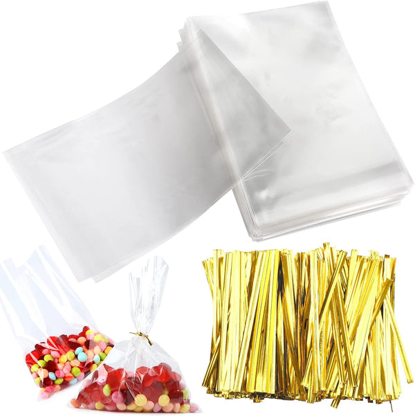Augshy 300 Pcs 6x8" Treat Cello Bags - 300 Twist Ties, 1.4 Mils Thickness OPP Plastic Bags for Wrapping