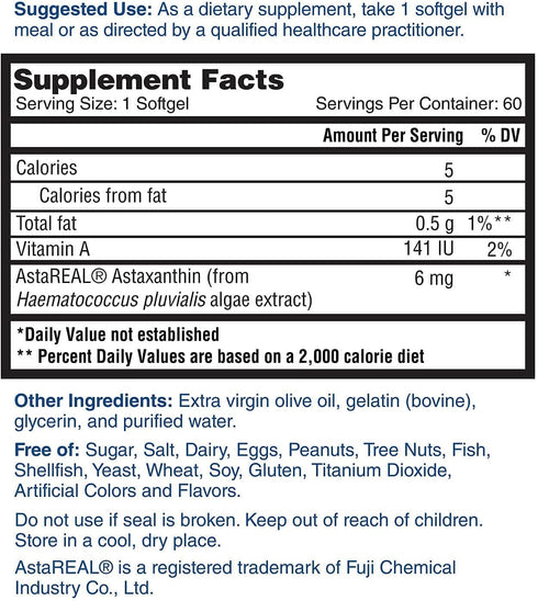 Nature's Lab AstaREAL Astaxanthin | 6mg Potent Antioxidants, 60 Capsules (2 Month Supply)