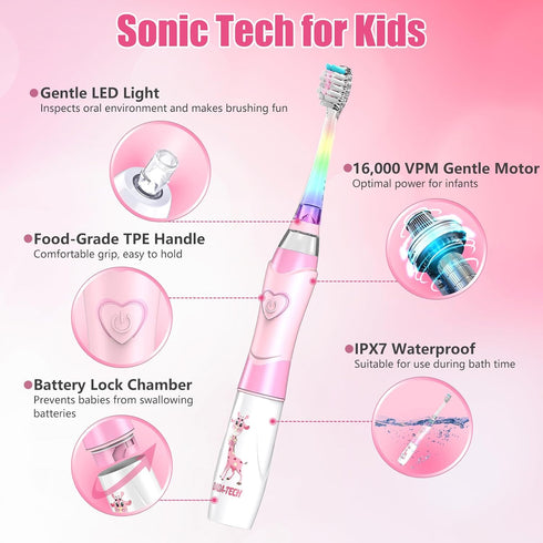 Kids Electric Toothbrush for Ages 2-12 - Pink Giraffe - with Timer and Rainbow LED Light Up