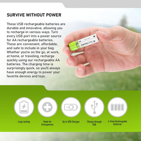 Survival Frog EasyPower USB AA Rechargeable Batteries - 1.2V/1450 mAh, 4 Pack