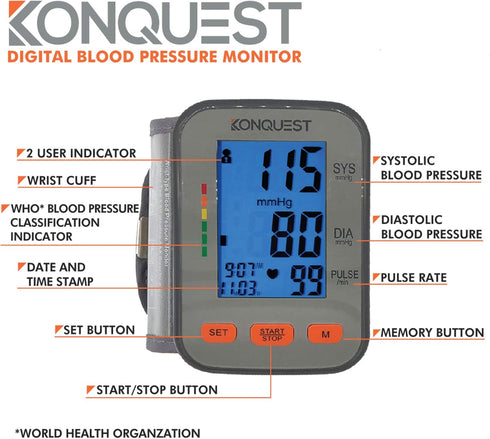 Konquest KBP-2910W Automatic Wrist Blood Pressure Monitor, Accurate Adjustable Cuff, Large Screen Display, Portable Case