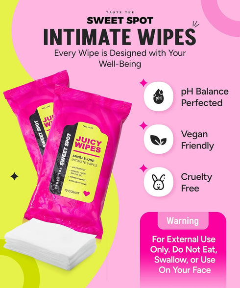 TASTE THE SWEET SPOT 10ct SWEET SPOT Flushable Feminine Wipes for Odor Control, pH Balance - Paraben-Free & Vegan