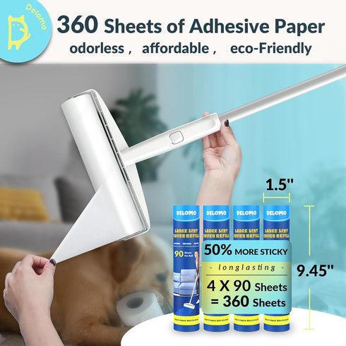 Large Lint Roller - 9.45 in Giant Roller with 360 Sheets, Telescopic Pole for Easy Cleaning of Floors and Clothing
