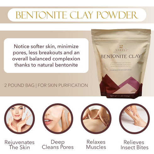 YARELI Bentonite Clay Powder - 2lb Facial Mask & Detox Bath, Indian Healing Clay