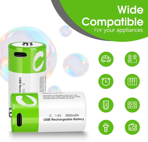 seyyen 4 Pack,5000mWh 1.5V 4 1 Lithium Rechargeable C Batteries High Capacity Li-ion C Batteries with in USB-C Charge
