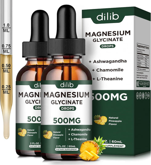 (2 Pack) Magnesium Glycinate Supplement, Liquid Drops with 500mg Ashwagandha, L-Theanine, Chamomile for Calm Sleep