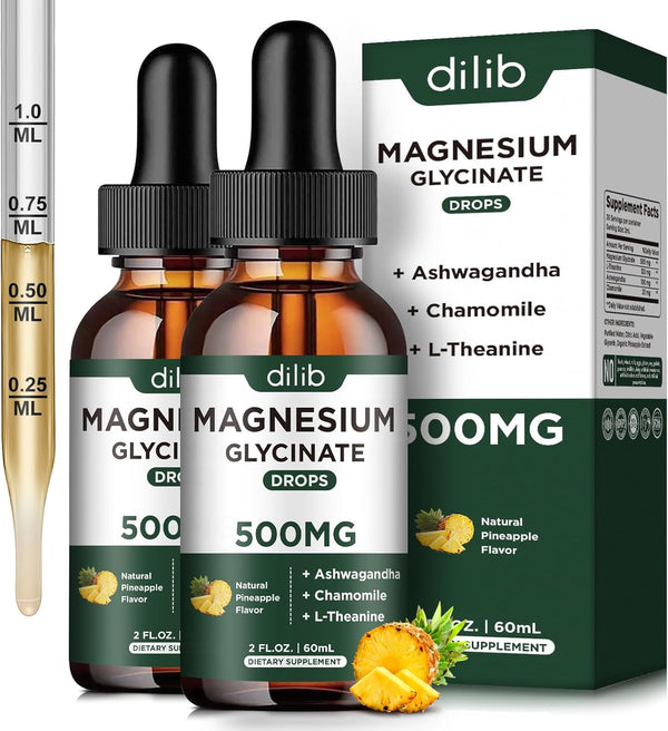 (2 Pack) Magnesium Glycinate Supplement, Liquid Drops with 500mg Ashwagandha, L-Theanine, Chamomile for Calm Sleep