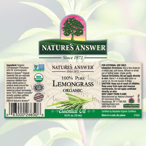 Nature’s Answer USDA Organic Lemongrass Essential Oil, 100% Pure | Natural Aromatherapy Oil for Diffuser/Humidifier, Steam Distilled 0.5 fl oz. (15ml) | Made in USA