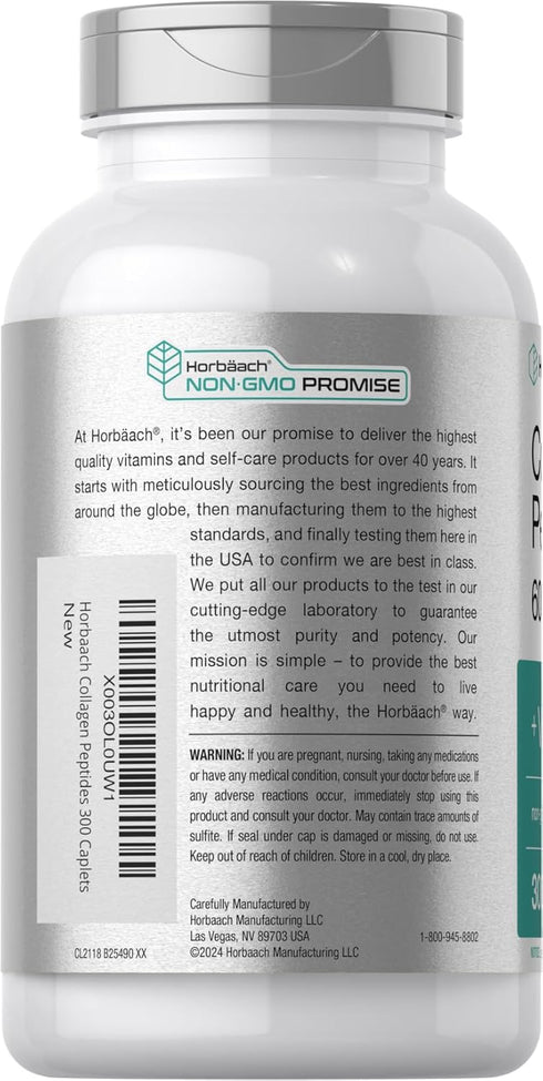 Horbaach Collagen Peptides 6000mg - 300 Caplet Pills, with Vitamin C, Hydrolyzed Collagen Supplement