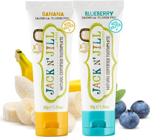 Jack N' Jill Natural Toothpaste for Kids - Fluoride Free, 40% Xylitol, Banana & Blueberry, 2 Pack