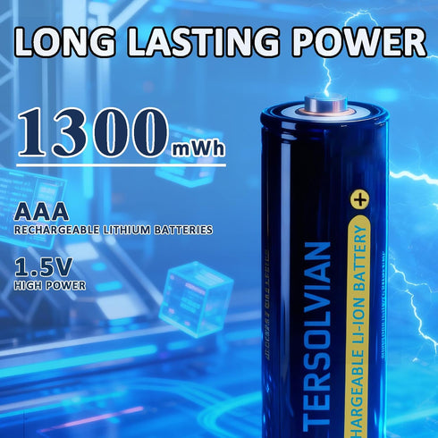 TERSOLVIAN 8 Pack 1.5V 1300mWh 2000+ Rechargeable AAA Batteries Lithium with Fast Charger, Li-ion Triple A Batteries