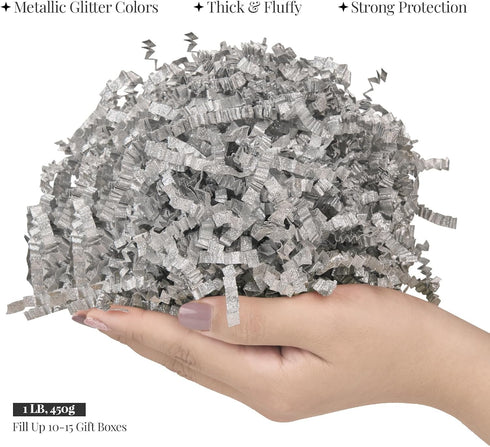 PAPER FAIR 1 LB Metallic Silver Glitter Easter Grass Crinkle Cut Paper for Gift Basket and Craft Bedding