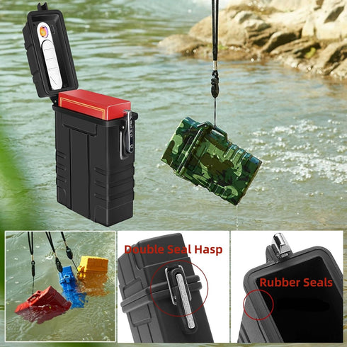 Waterproof Cigarette Case with Lighter, Full Pack Holder, Electric Lighter USB Rechargeable, Windproof, Black